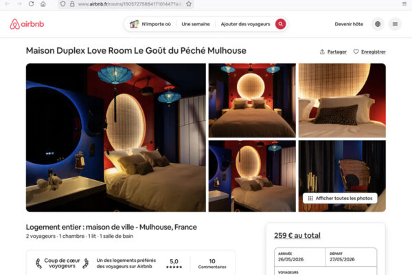Page AirBnB loveroom Le Goût du Péché à Mulhouse, Alsace